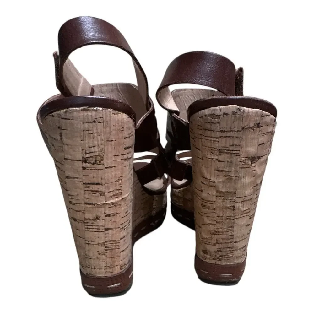 Charles David Trove Brown Leather Strappy Wedge Heels Sandals Size 9.5B